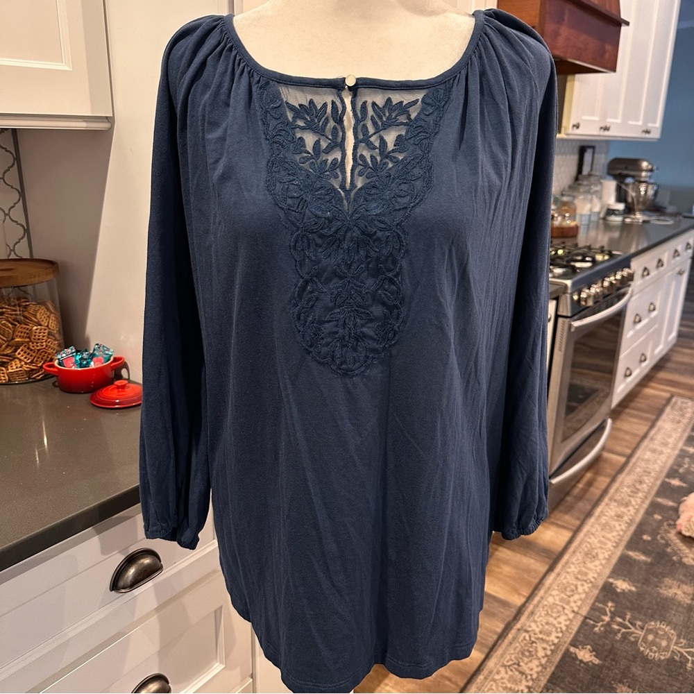 Chaps Blue Embroidered Peasant Top Blouse Women’s L Western Lace Boho Cowgirl